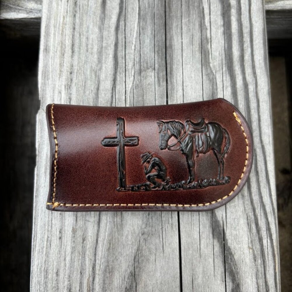 Coffee Brown Praying Cowboy Design Large Knife Sheath